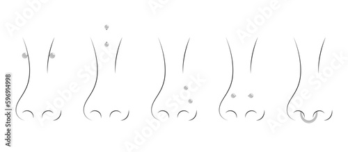 Line vector illustration set of different kinds of piercing in nose on white background