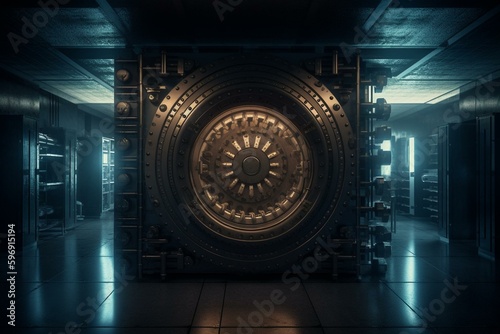 An illuminating bank vault representing secure computer data storage. Generative AI
