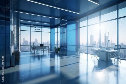 Contemporary blue office hall with blank frame, furnishings, panoramic window & urban skyline. Rendered. Generative AI