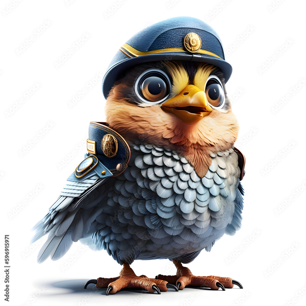 Cute bird wearing a pilot's hat and goggles. 3D rendering