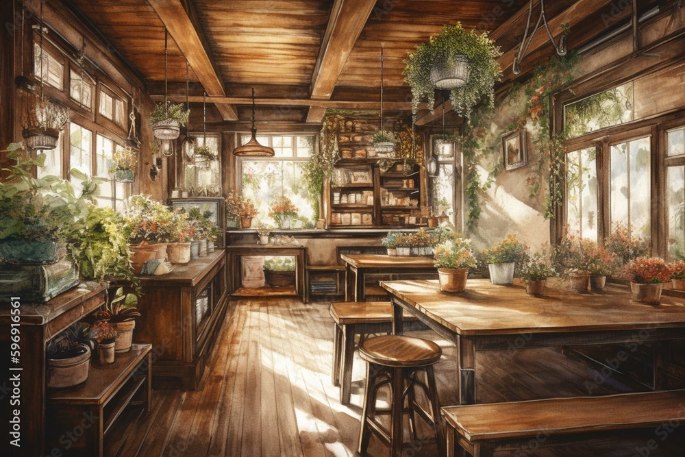 Watercolor illustration of cafe interior with floral table. Generative AI