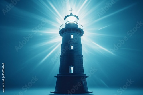 Lighthouse beam on blue bg with safety and guidance concept, 3d illustration. Generative AI