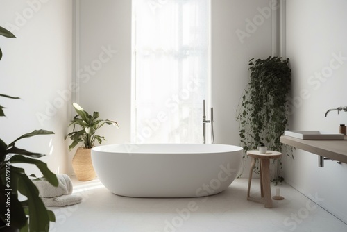 Simplicity reigns in this white bathroom with striking tub and sink. Unconventional. Generative AI