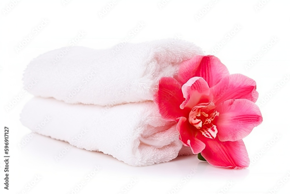 pink flower resting on a stack of white towels. Generative AI pink flower resting on a stack of white towels. Generative AI