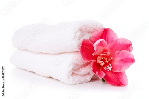 pink flower resting on a stack of white towels. Generative AI