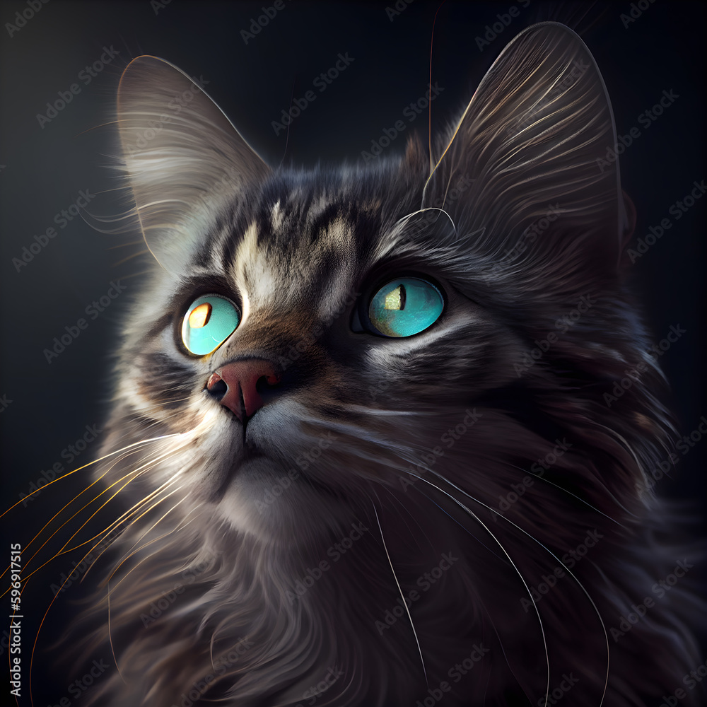 Portrait of Maine Coon cat with green eyes on black background