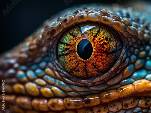 Colorful close-up of a reptile eye created with Generative AI Technology © Jakub