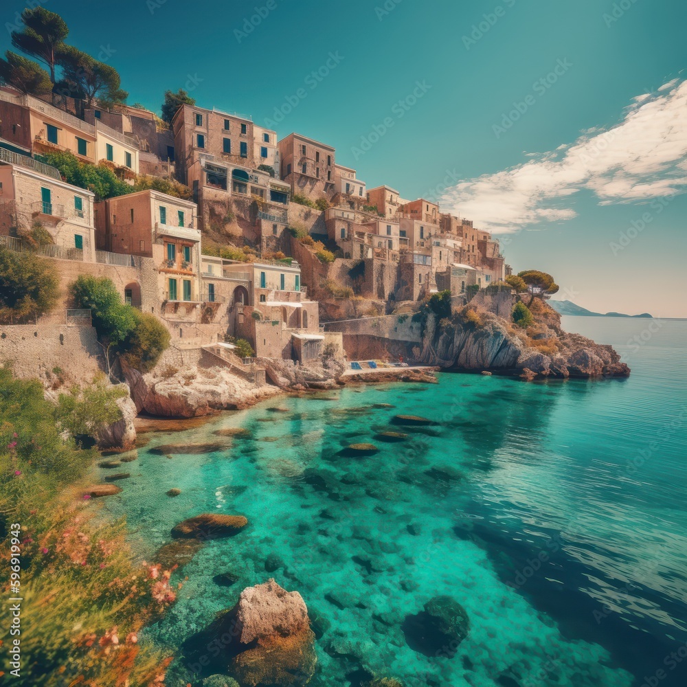 A Mediterranean coastal village, coastal town perched on a rocky hillside, with multi-story buildings in varied earth tones, crystalline turquoise waters, pristine view of the sea floor