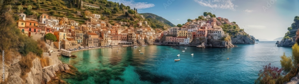 Ultra-wide panoramic shot of a picturesque Mediterranean coastal village.  Generative AI.
