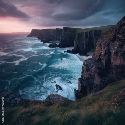 Rugged cliffs and a dramatic coastline overlook the powerful ocean waves  churning water twilight  wild and scenic seascape  dusk sky  shades of purple  natural beauty untouched  panoramic view.