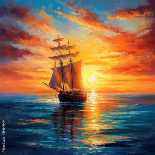  A painted scene of a sailboat on the horizon, sailing towards a fiery sunset under a cloud laden sky.