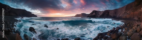 Ultra-wide panoramic photo of a rugged coastline at twilight casting vibrant hues over a rough sea against rocky cliffs, captured in a panoramic view.