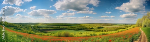 Ultra-wide panoramic image of a rolling countryside during a vibrant spring bloom. Generative AI.