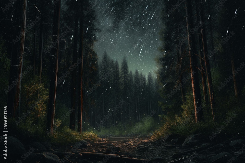 Illustration of falling stars on European forest at night in oil painting style. Generative AI