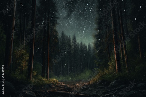 Illustration of falling stars on European forest at night in oil painting style. Generative AI