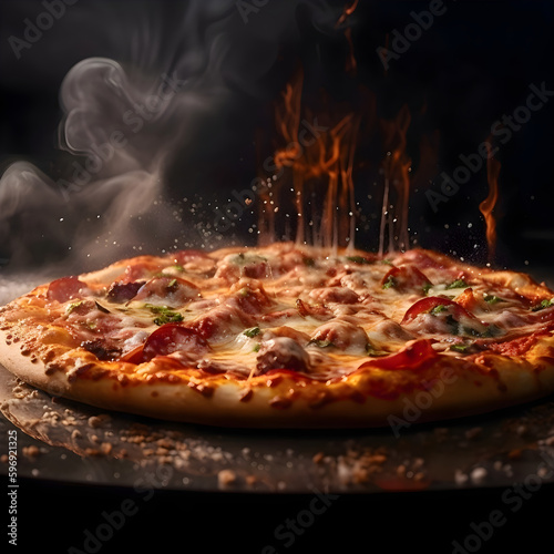 Pizza with pepperoni, mozzarella and olives on black background