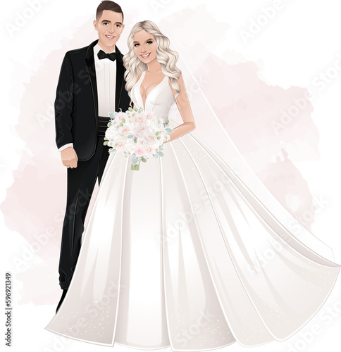beautiful wedding couple, bride and groom smiling, wedding day
