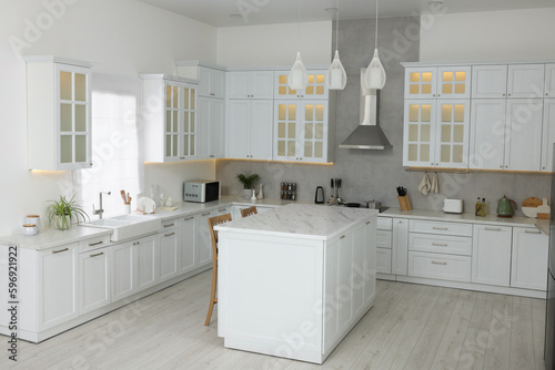 Stylish kitchen with modern furniture and different appliances. Interior design
