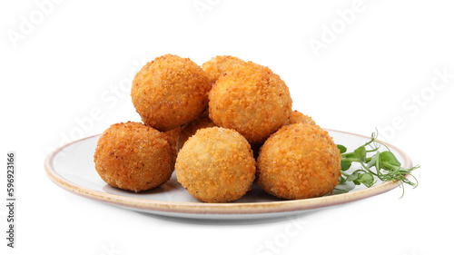 Plate with delicious fried tofu balls and pea sprouts on white background
