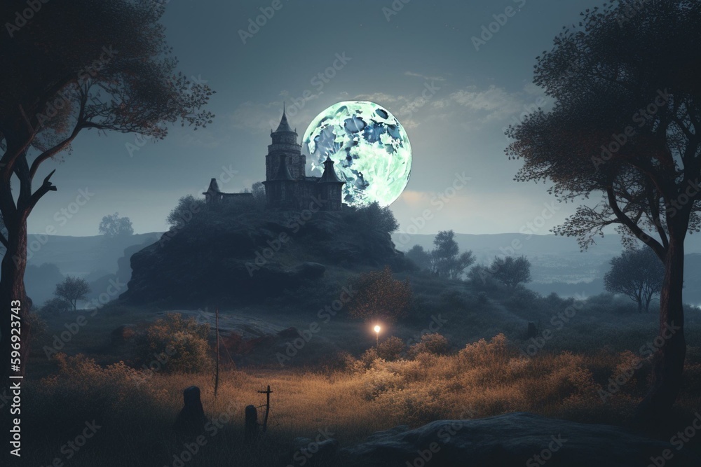 Illustration of enigmatic medieval full moon night. Generative AI