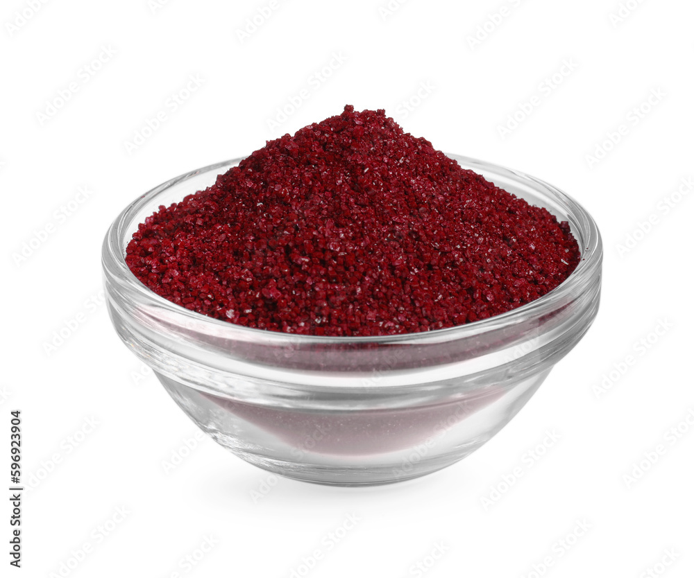Glass bowl with dark red food coloring isolated on white Glass bowl with dark red food coloring isolated on white
