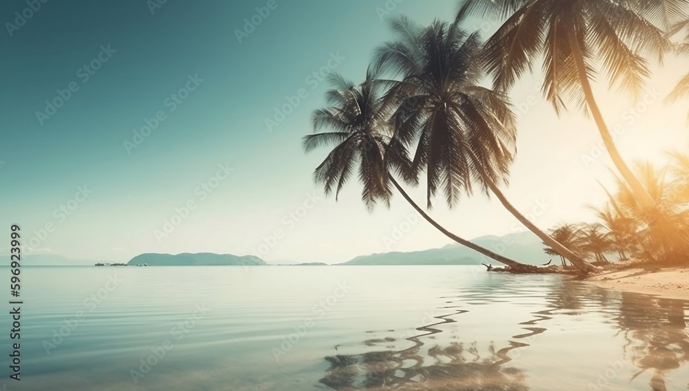 Serene tropical beach backdrop with abstract seascape and palm tree