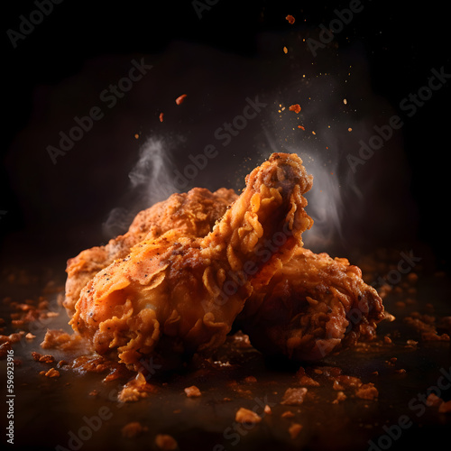 Fried chicken on a black background with smoke. Selective focus.