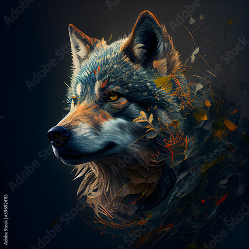 Digital painting of a wolf in the autumn forest. Illustration on black background. © Waqar