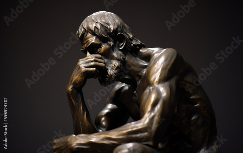 Contemplative meditation  bronze figure  thinker  Generative AI 