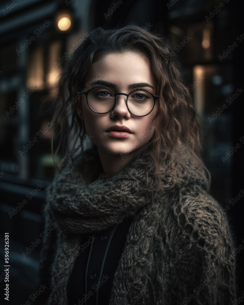 Close-up street portrait of a fictional white woman with round glasses, wearing a scarf and a black knitted coat. Generative AI illustration. Close-up street portrait of a fictional white woman with round glasses, wearing a scarf and a black knitted coat. Generative AI illustration.