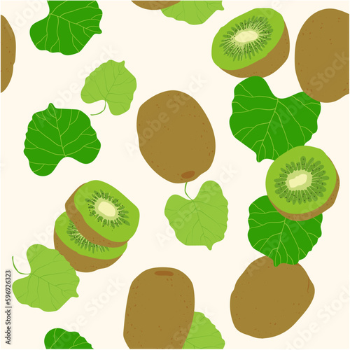 Seamless pattern with kiwi fruits and leaves. Repeating background with fruit. Vector illustration for fabric or wallpaper