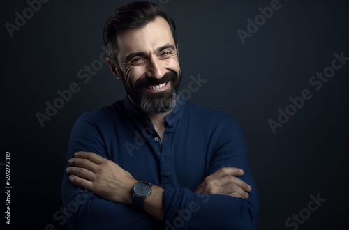 A man standing against a grey background, studio lighting style