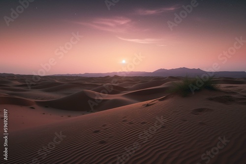 The desert landscape features rolling sand dunes against a pink sun-kissed sky with stars. Generative AI © Persephone