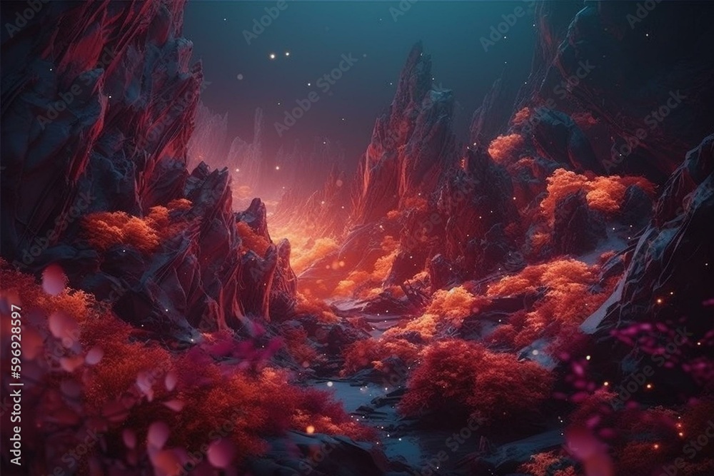 Enchanting, AI-generated abstract landscape with vivid shades. Generative AI