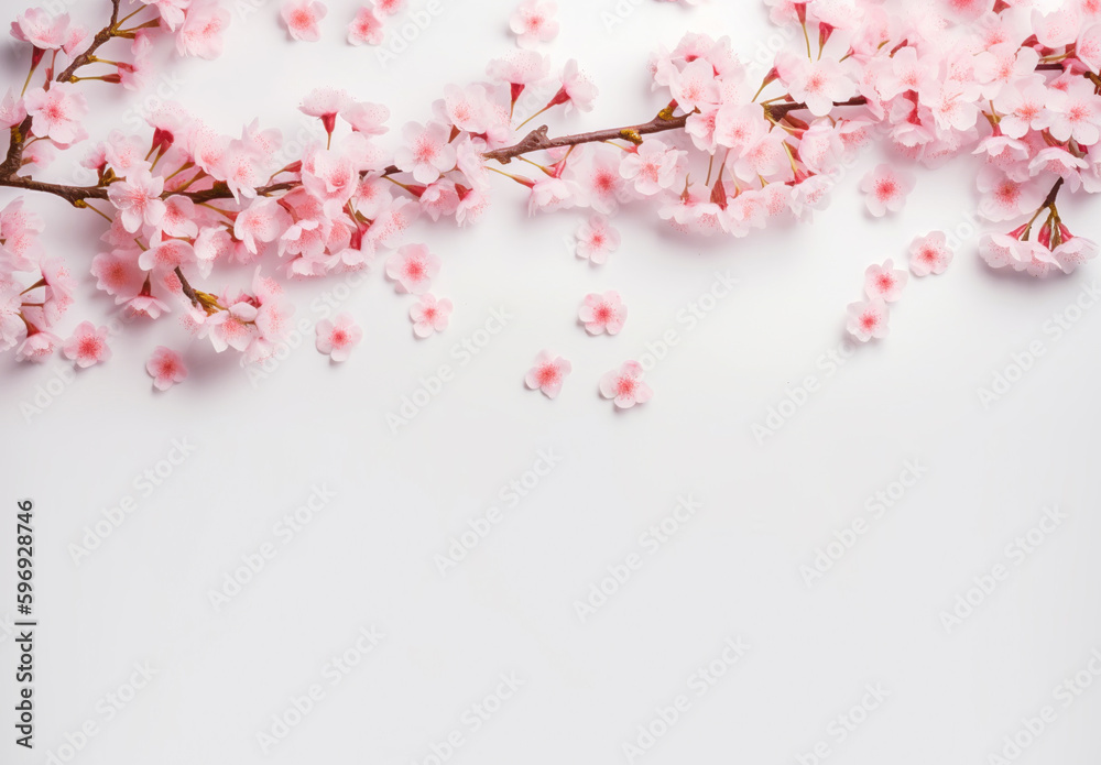 Sakura cherry blossom tree branch frame on white background, japanese pink cherry flower banner with space for text