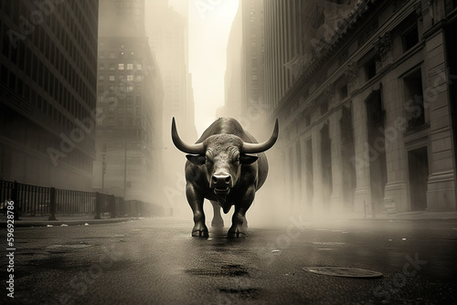 Angry bull on wall street, stock market, stocks, finance, forex, trading, cryptocurrencies, cryptocurrency, crypto. Generative AI