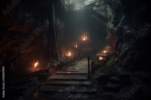 Dark, misty mountain cave with ominous entrance gate leading to perilous underworld labyrinth lit by torches. Generative AI photo