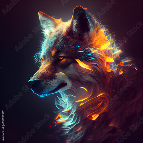 Portrait of a wolf with fire on a black background. Digital painting.