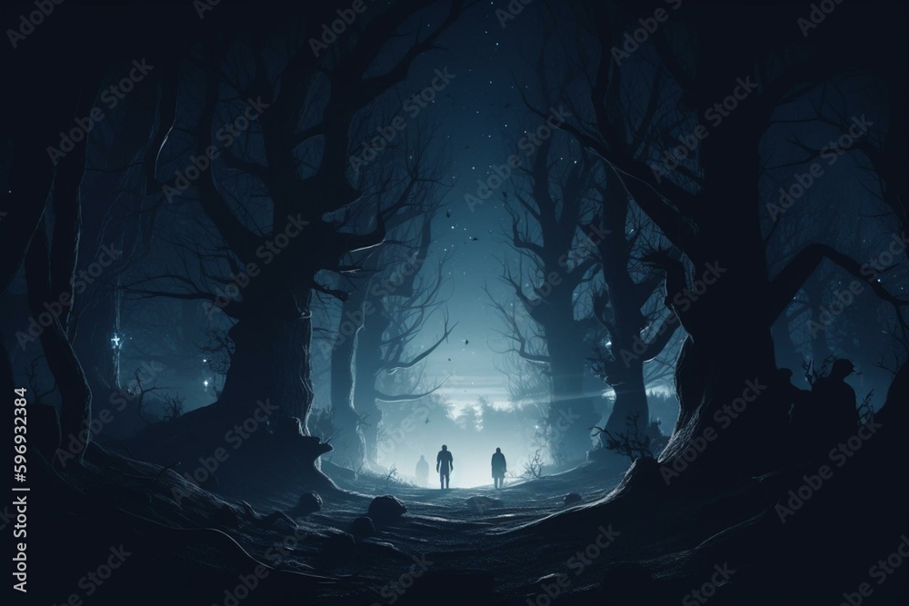 Dark forest illustration with wizard silhouettes. Generative AI