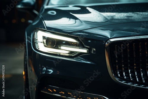 Close-up of adaptive LED headlight on a premium sedan. Details of automotive lighting technology. Generative AI