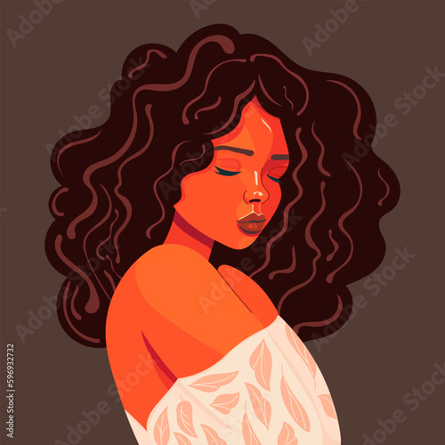 A beautiful African American woman with leaves hugs herself by the shoulders. Campaign theme: EmbraceEquity. Women's Day vector illustration. Give equity a huge embrace.