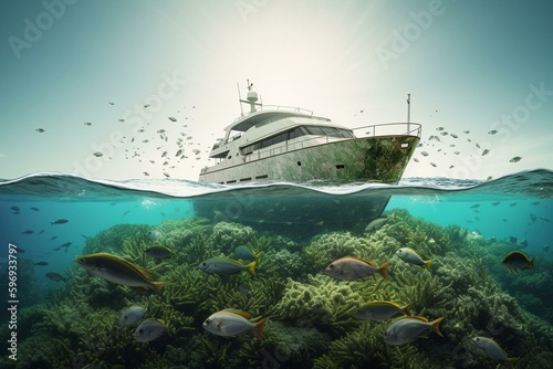 Original illustration of a yacht sailing on the ocean surrounded by fish in a green backdrop. Generative AI