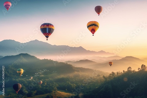 Colorful hot air balloons soaring over mountains in Huai Nam Dang National Park at sunrise in Chiang Mai, Thailand. Generative AI © Iolanthe