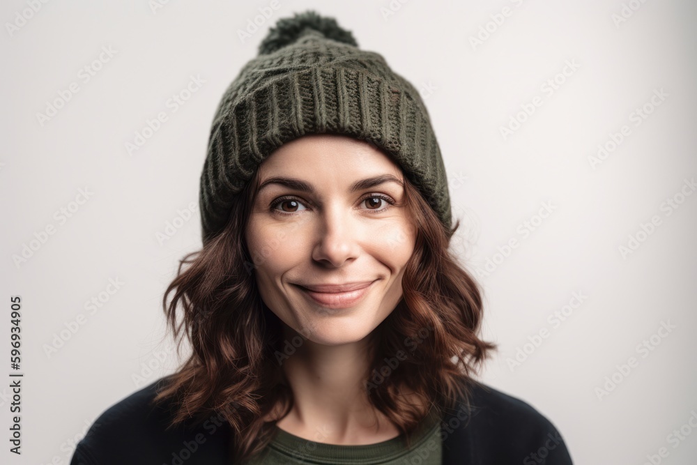 Medium shot portrait photography of a grinning woman in her 30s wearing a warm beanie or knit hat against a white background. Generative AI Medium shot portrait photography of a grinning woman in her 30s wearing a warm beanie or knit hat against a white background. Generative AI
