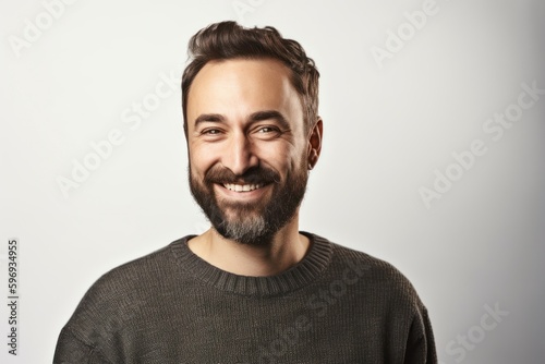 Portrait of a handsome bearded man smiling at the camera over white background