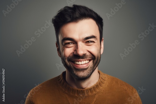 Portrait of a smiling young man in a sweater on a gray background © Anne-Marie Albrecht