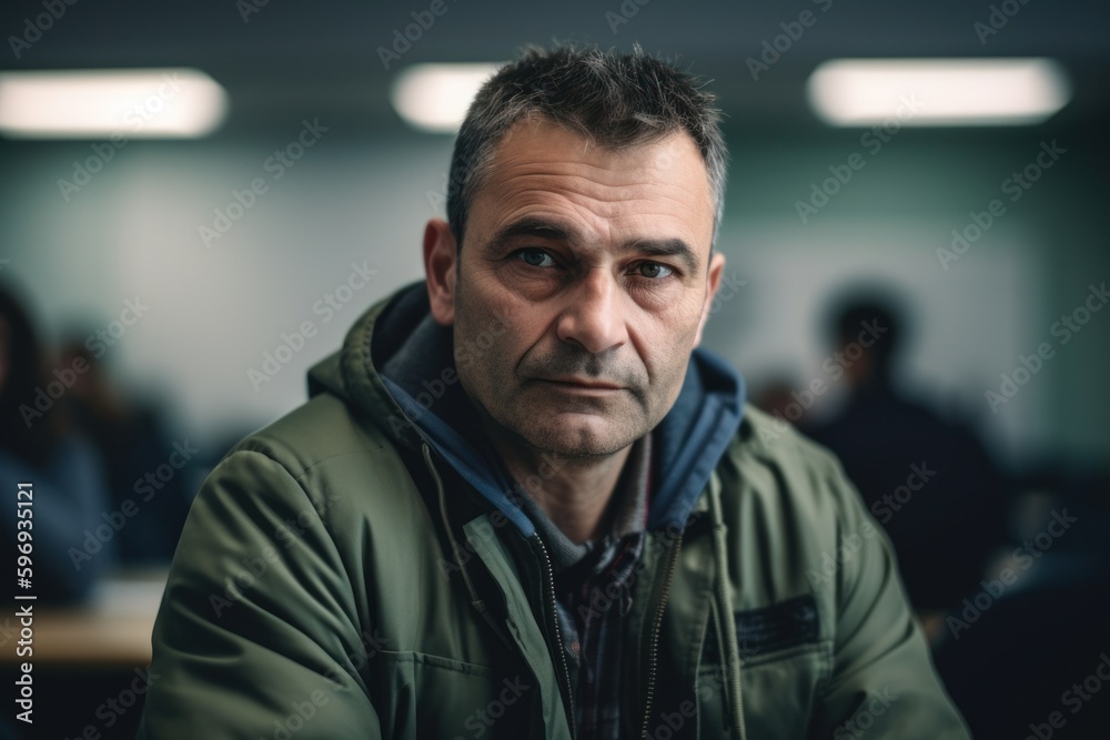 Portrait of mature man sitting in classroom. Selective focus.