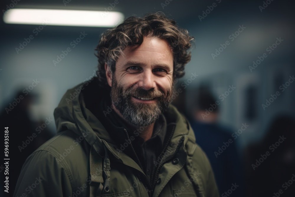 Portrait of a handsome bearded man in a green jacket looking at the camera Portrait of a handsome bearded man in a green jacket looking at the camera