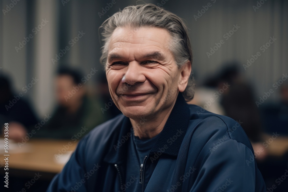 Portrait of a smiling senior man sitting in a classroom at university