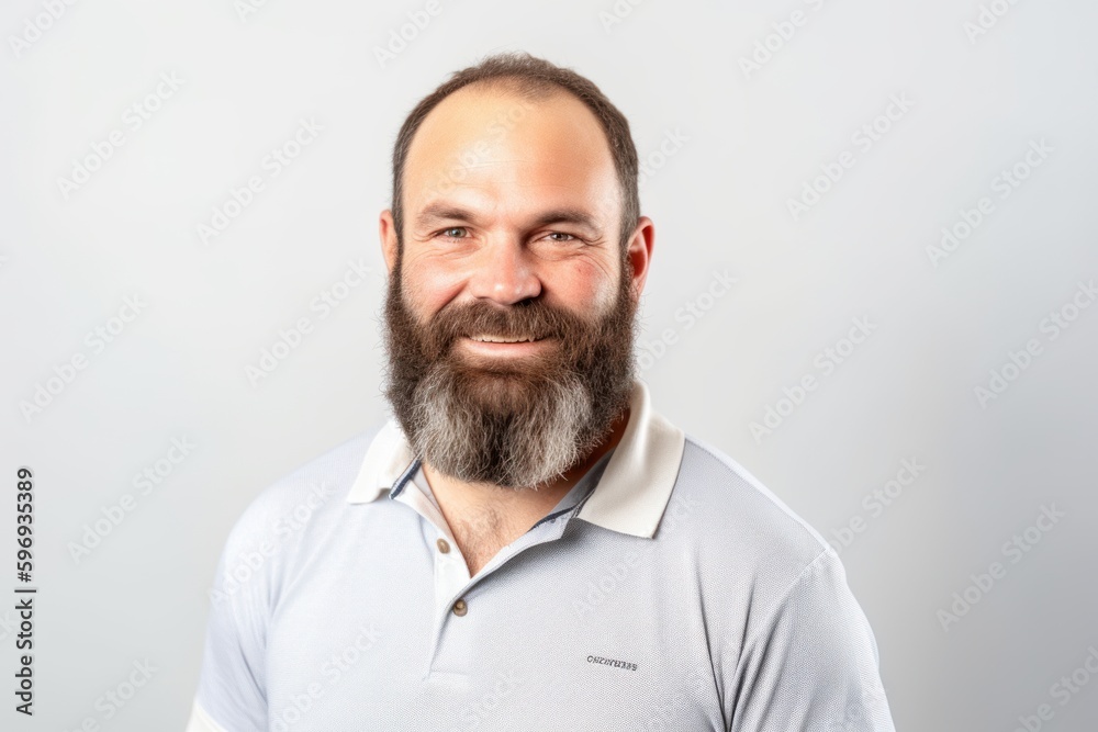 Medium shot portrait photography of a cheerful man in his 40s wearing a sporty polo shirt against a white background. Generative AI Medium shot portrait photography of a cheerful man in his 40s wearing a sporty polo shirt against a white background. Generative AI